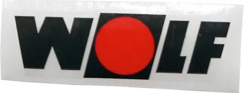 Aufkleber mit dem Wort "WOLF" in großen schwarzen Buchstaben und einem roten Kreis auf weißem Hintergrund.